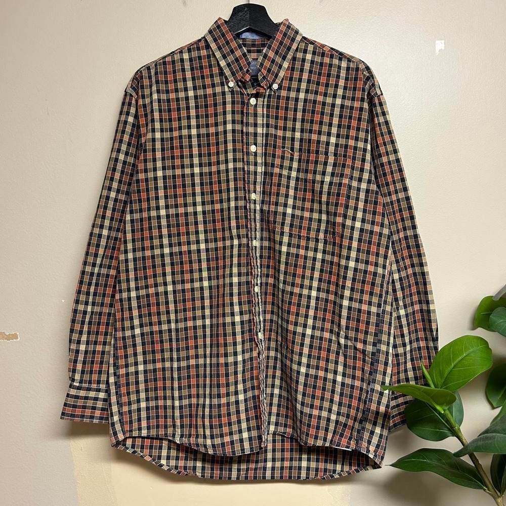 Vintage Forsyth of Canada Orange Tan Checkered Long Sleeve Shirt Mens Medium